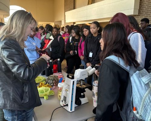  Students line up at booth with microscope
